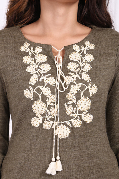 Olive Embroidered Floral Tassel Straight Acrylic Tunic