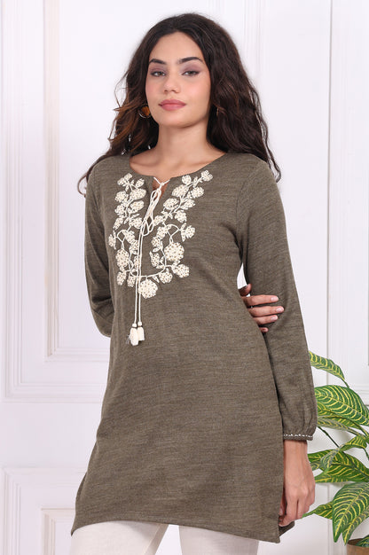 Olive Embroidered Floral Tassel Straight Acrylic Tunic