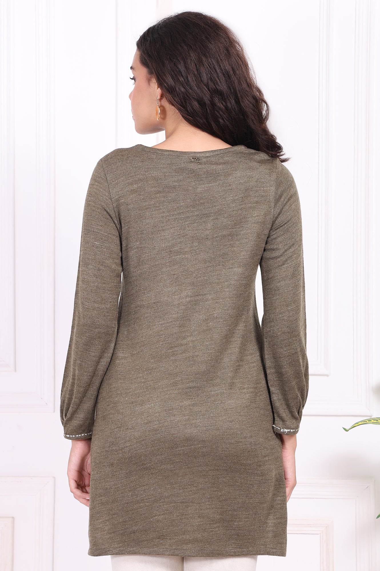 Olive Embroidered Floral Tassel Straight Acrylic Tunic