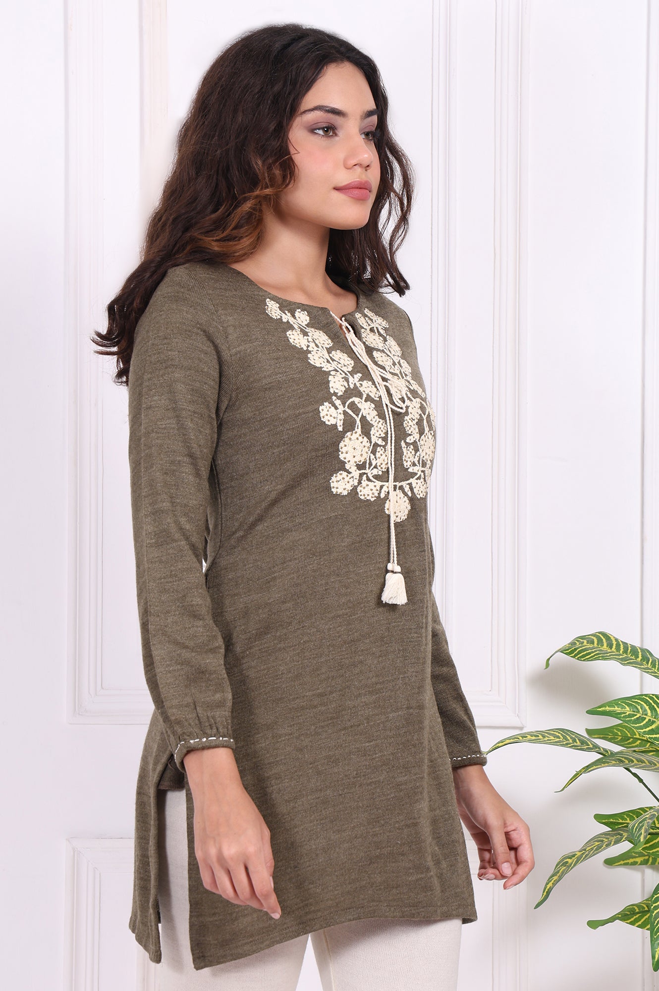 Olive Embroidered Floral Tassel Straight Acrylic Tunic