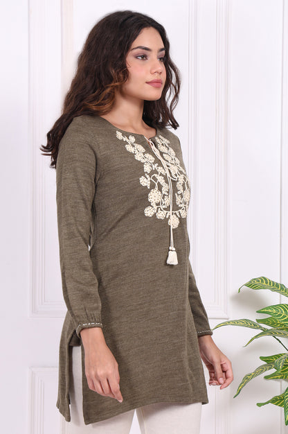 Olive Embroidered Floral Tassel Straight Acrylic Tunic