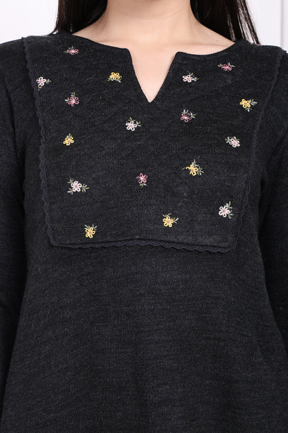 Grey Embroidered Straight Acrylic Tunic