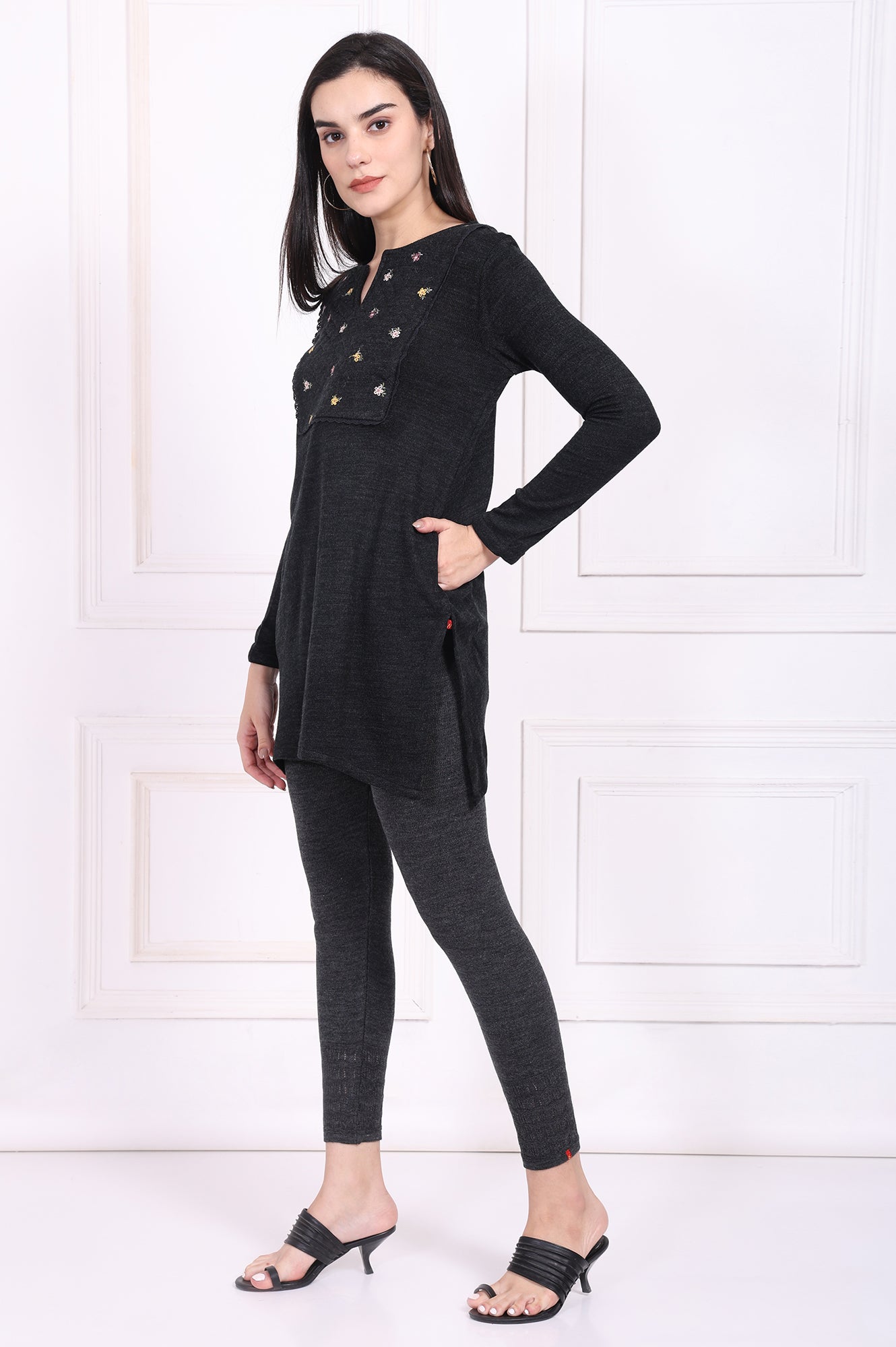 Grey Embroidered Straight Acrylic Tunic