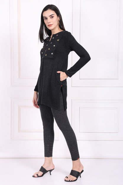 Grey Embroidered Straight Acrylic Tunic