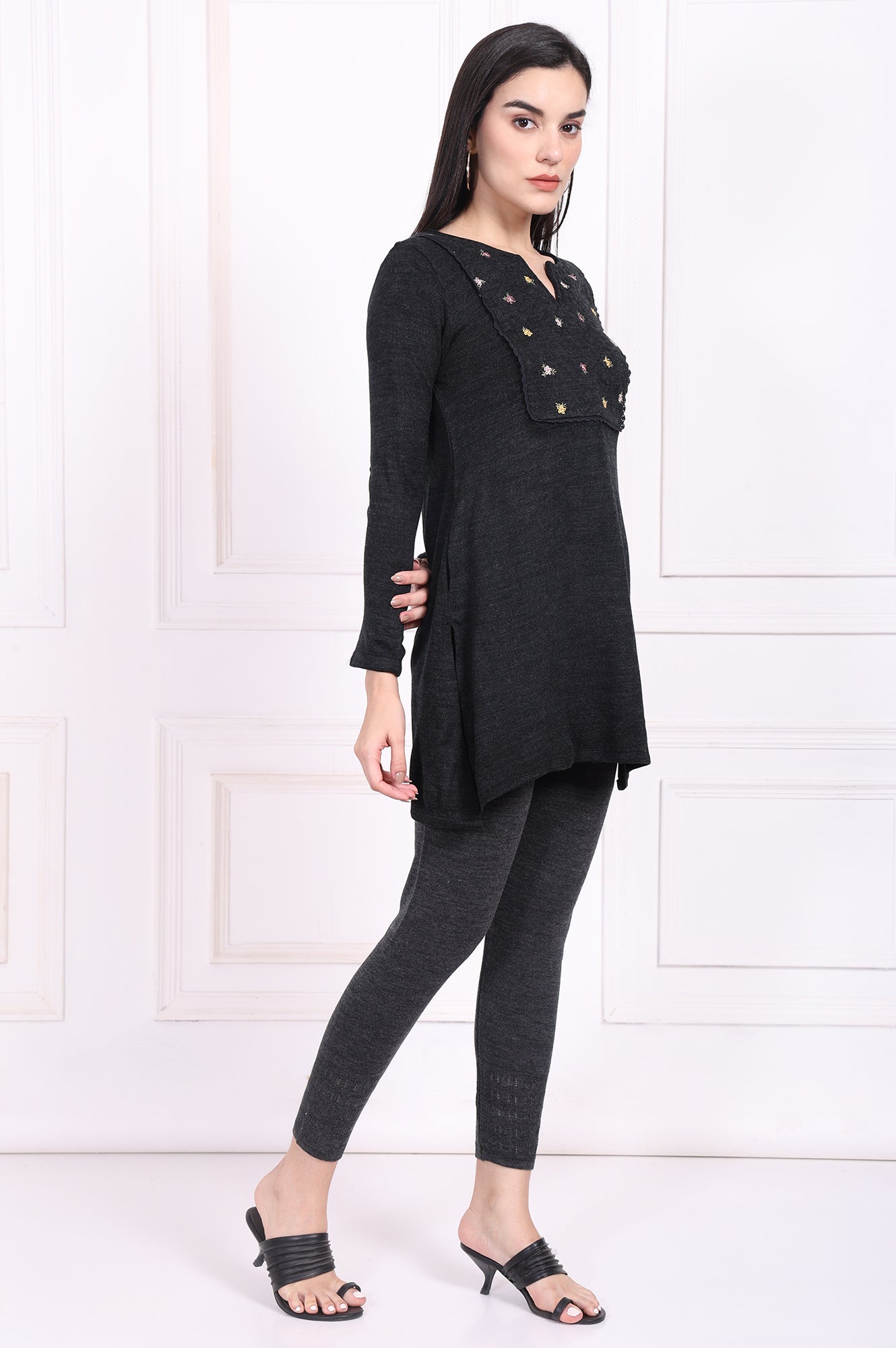 Grey Embroidered Straight Acrylic Tunic