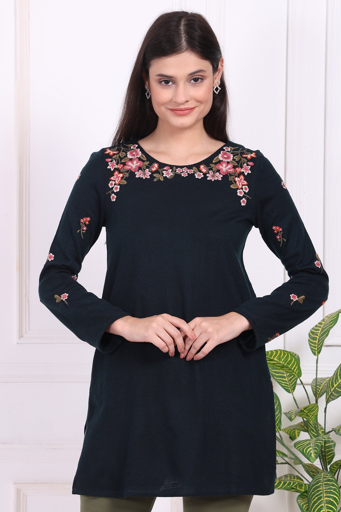 Navy Blue Floral Printed Embroidered Acrylic Straight Tunic