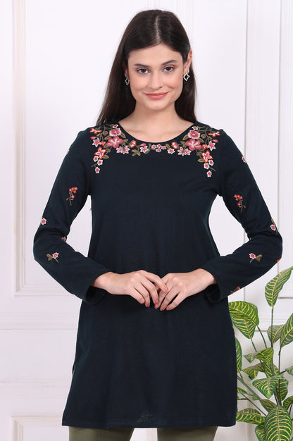 Navy Blue Floral Printed Embroidered Acrylic Straight Tunic