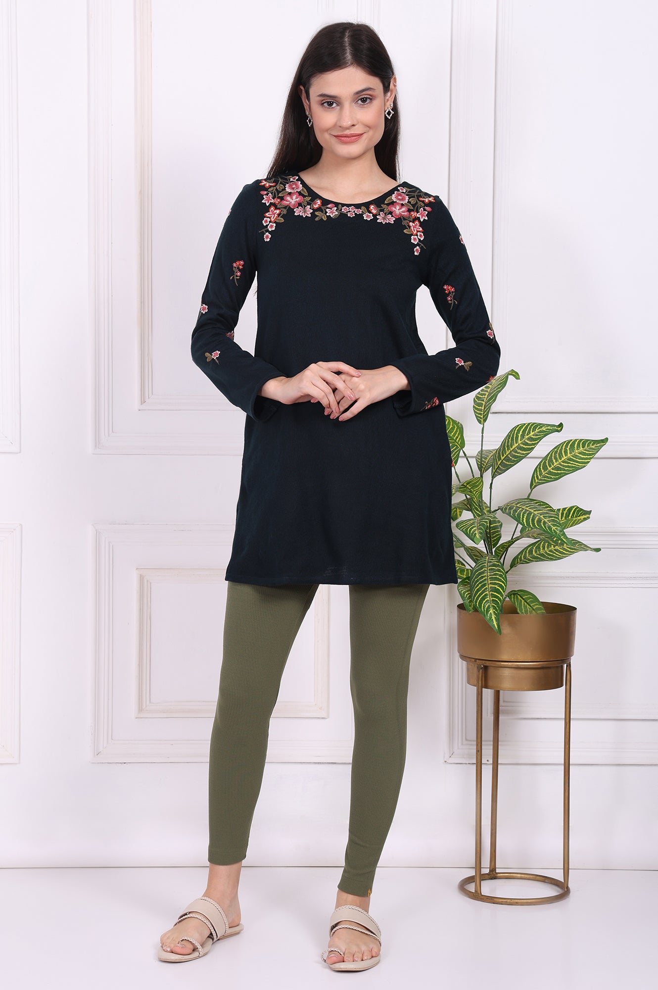 Navy Blue Floral Printed Embroidered Acrylic Straight Tunic
