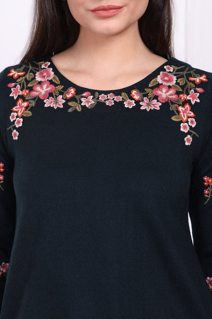 Navy Blue Floral Printed Embroidered Acrylic Straight Tunic