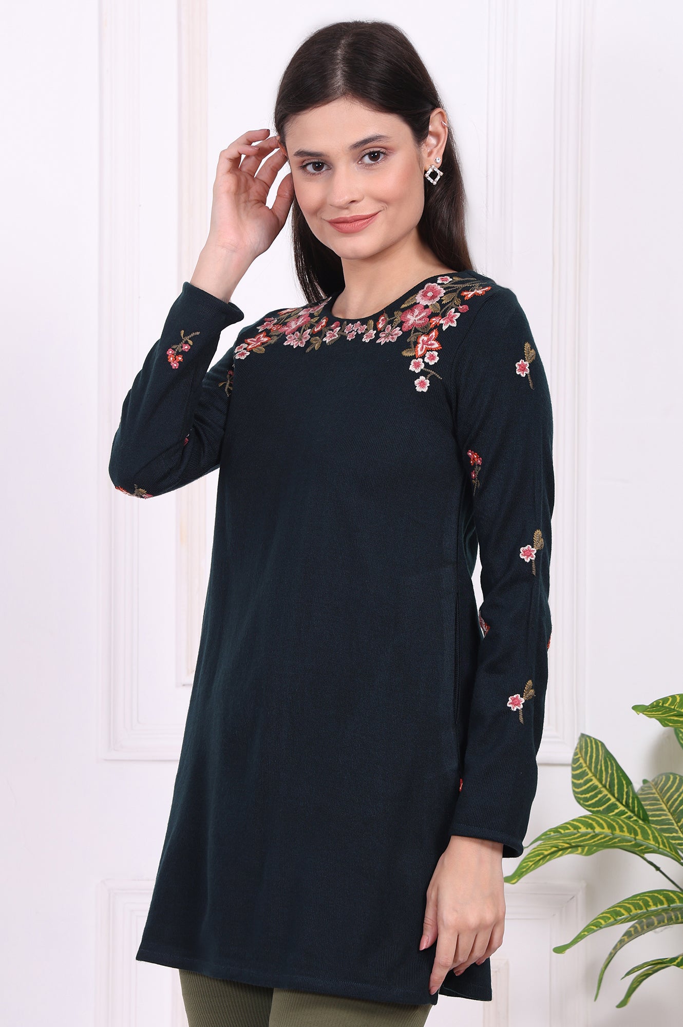 Navy Blue Floral Printed Embroidered Acrylic Straight Tunic
