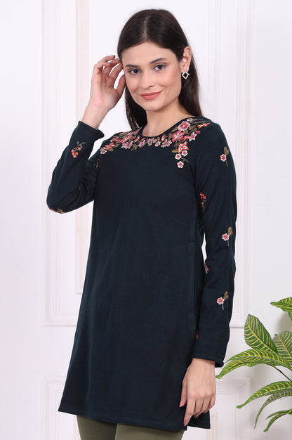 Navy Blue Floral Printed Embroidered Acrylic Straight Tunic