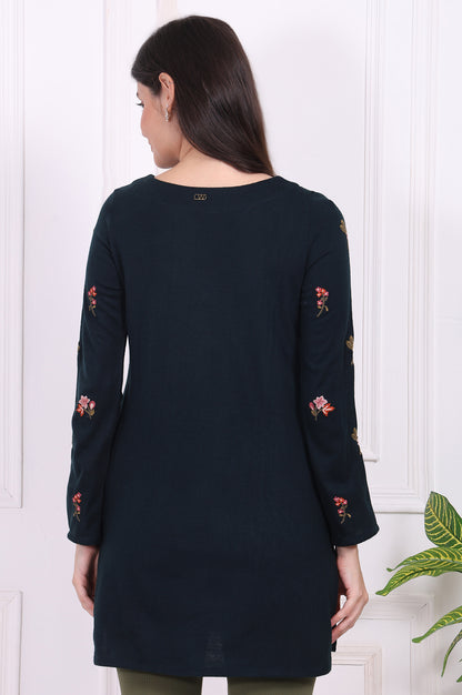 Navy Blue Floral Printed Embroidered Acrylic Straight Tunic
