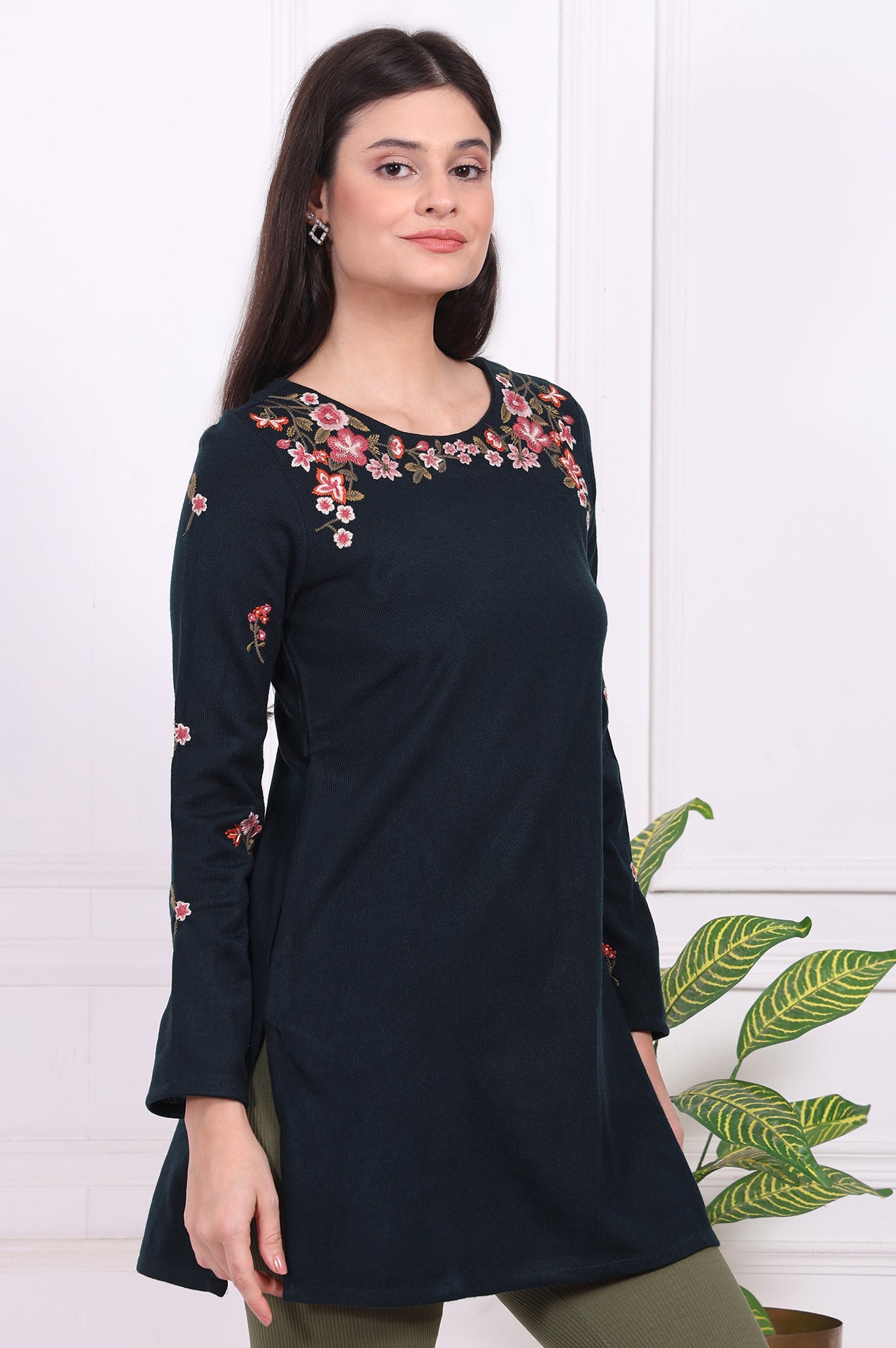 Navy Blue Floral Printed Embroidered Acrylic Straight Tunic