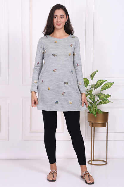 Grey Embroidered Acrylic Straight A-line Tunic