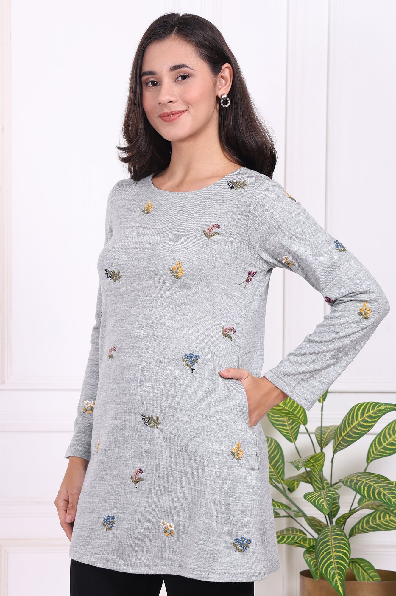 Grey Embroidered Acrylic Straight A-line Tunic