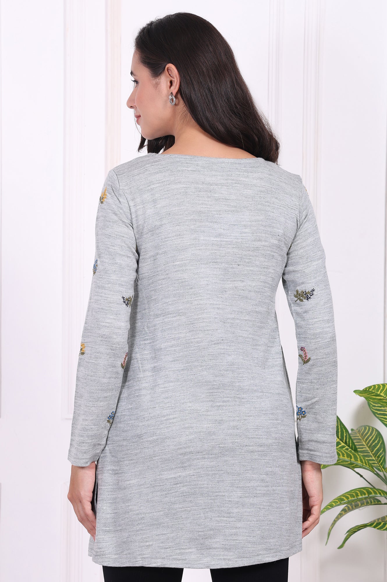 Grey Embroidered Acrylic Straight A-line Tunic