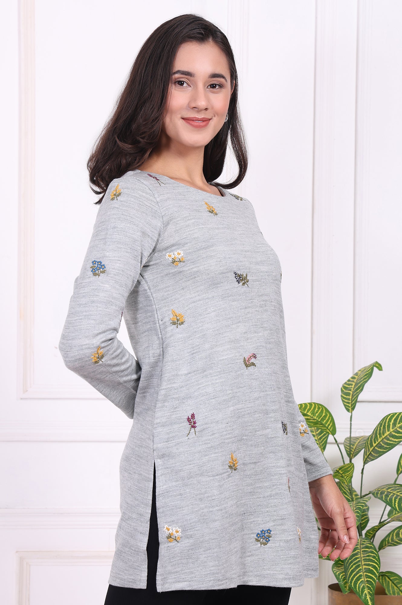Grey Embroidered Acrylic Straight A-line Tunic