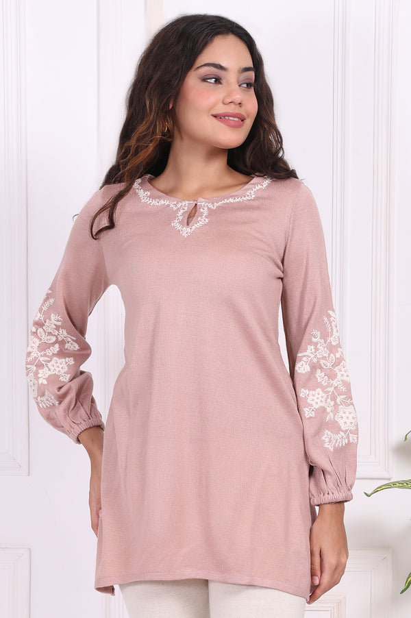 Pink Embroidered Floral Straight Acrylic Tunic