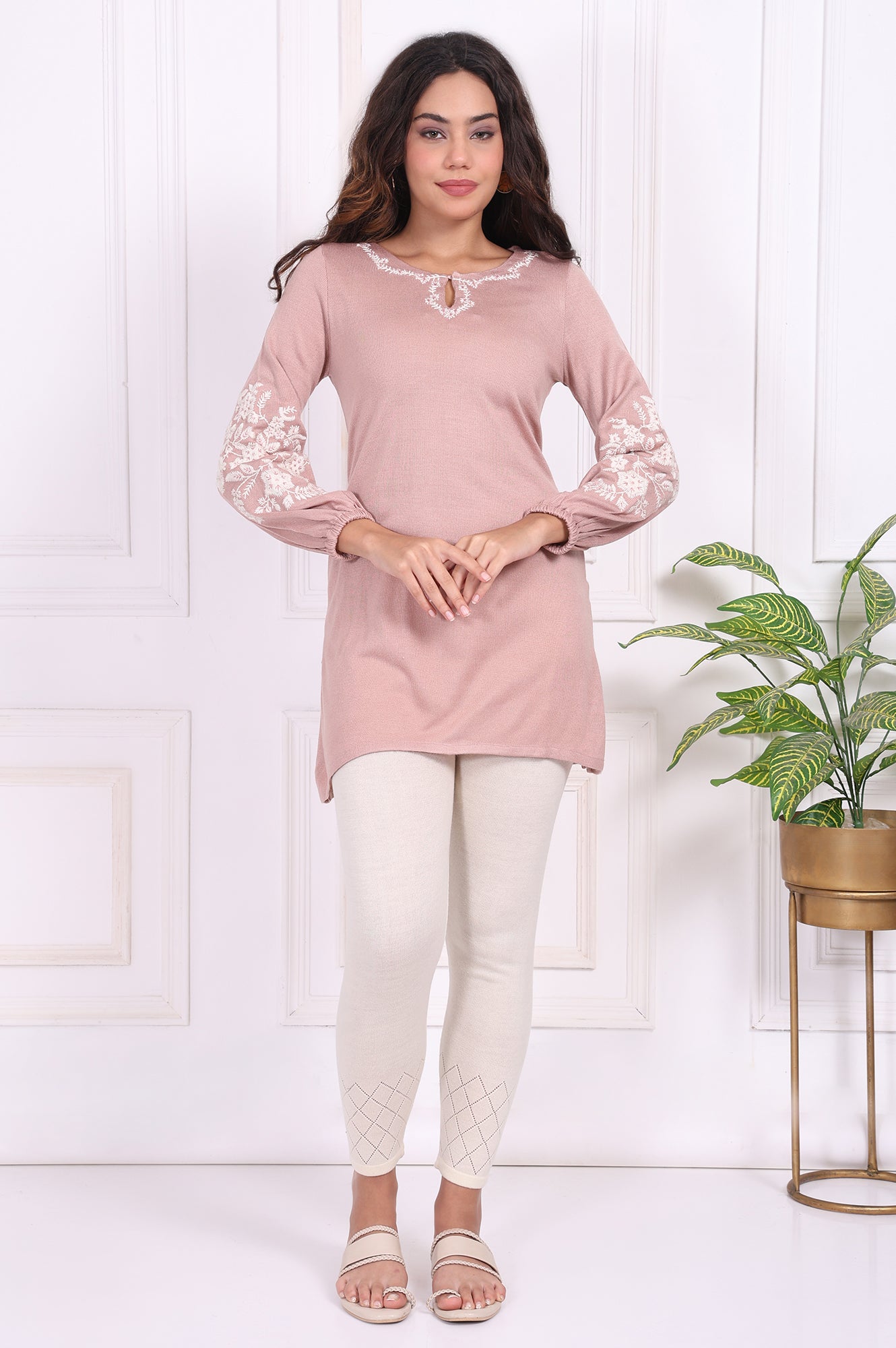 Pink Embroidered Floral Straight Acrylic Tunic