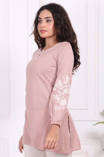 Pink Embroidered Floral Straight Acrylic Tunic