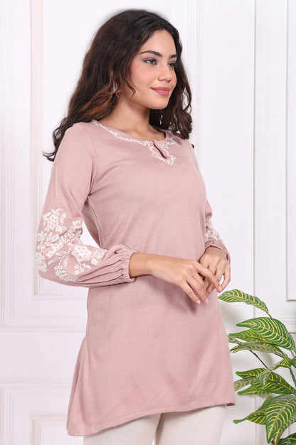 Pink Embroidered Floral Straight Acrylic Tunic