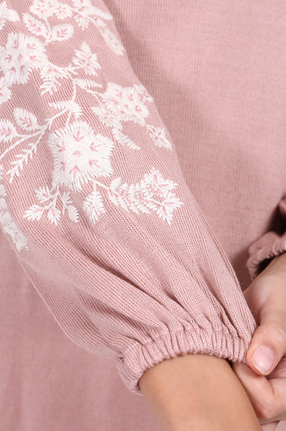 Pink Embroidered Floral Straight Acrylic Tunic