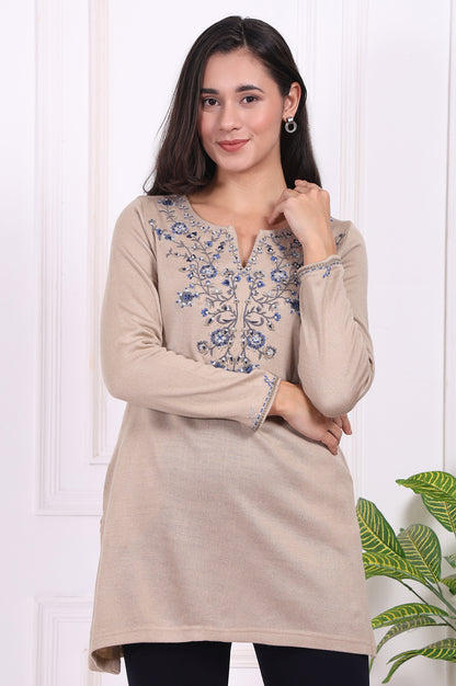 Beige Embroidered Acrylic Straight Tunic