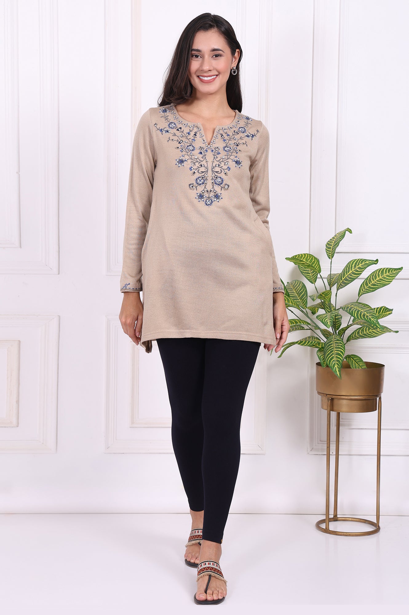 Beige Embroidered Acrylic Straight Tunic