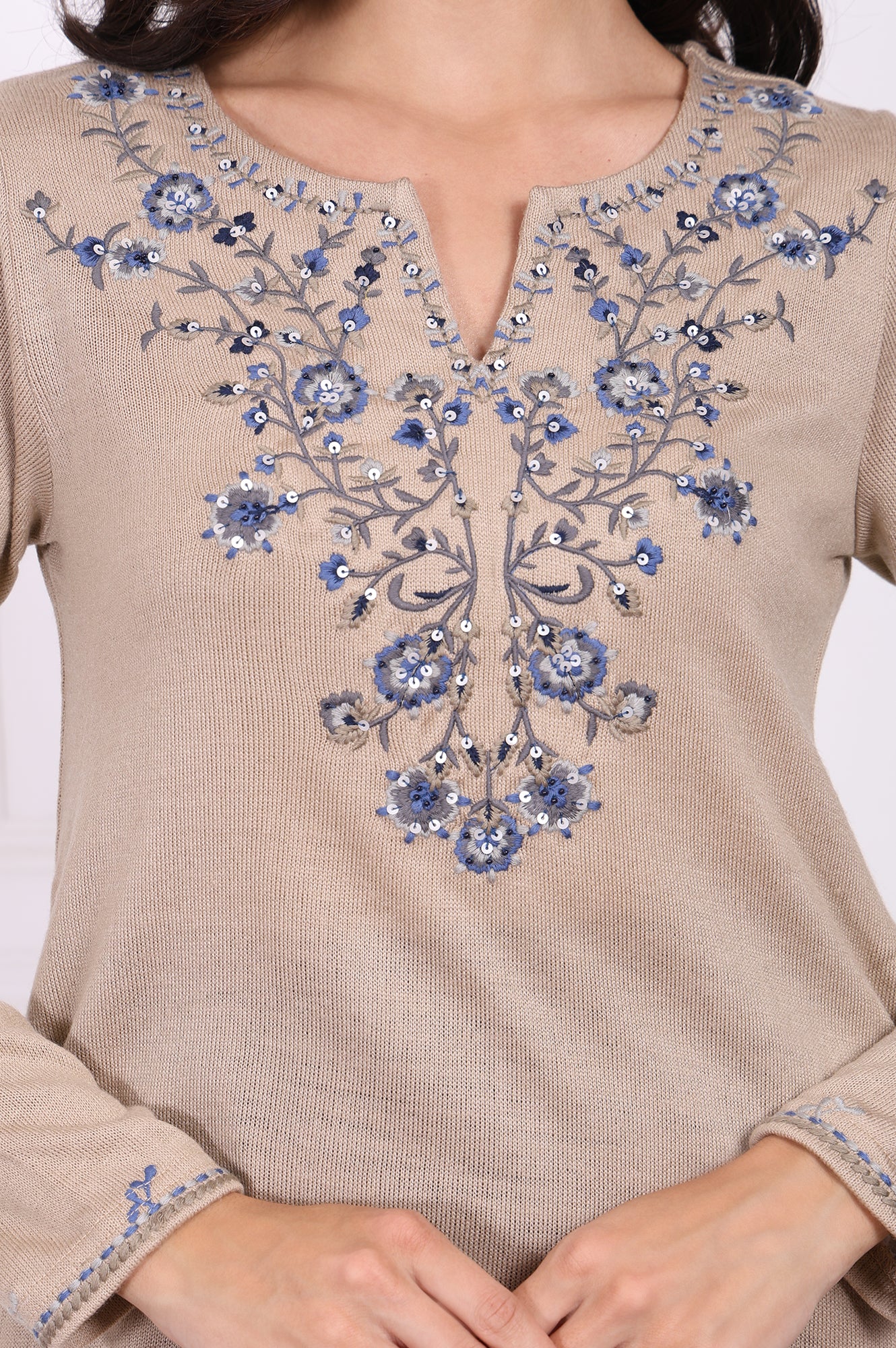 Beige Embroidered Acrylic Straight Tunic