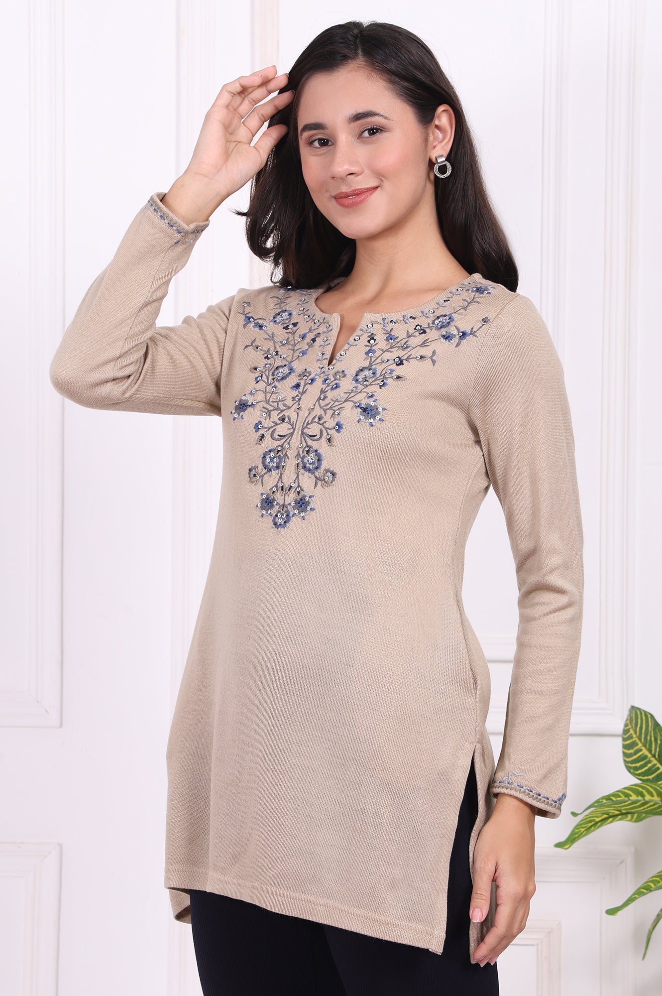 Beige Embroidered Acrylic Straight Tunic