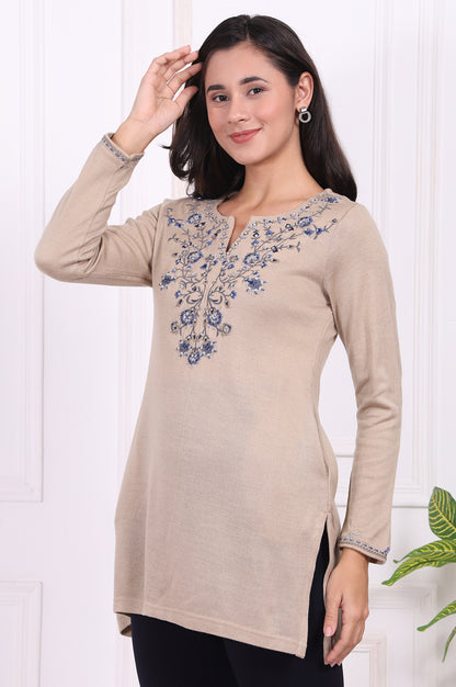 Beige Embroidered Acrylic Straight Tunic