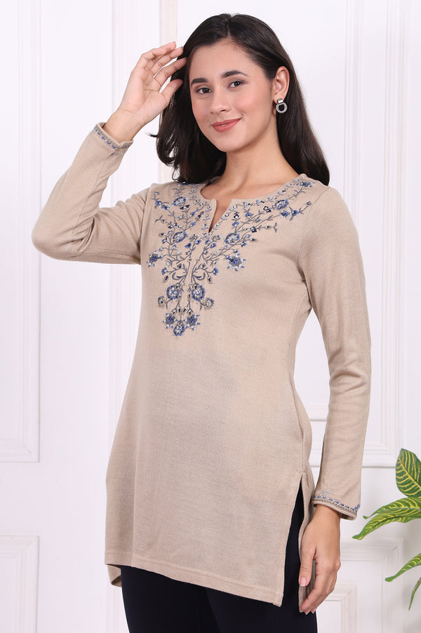 Beige Embroidered Acrylic Straight Tunic