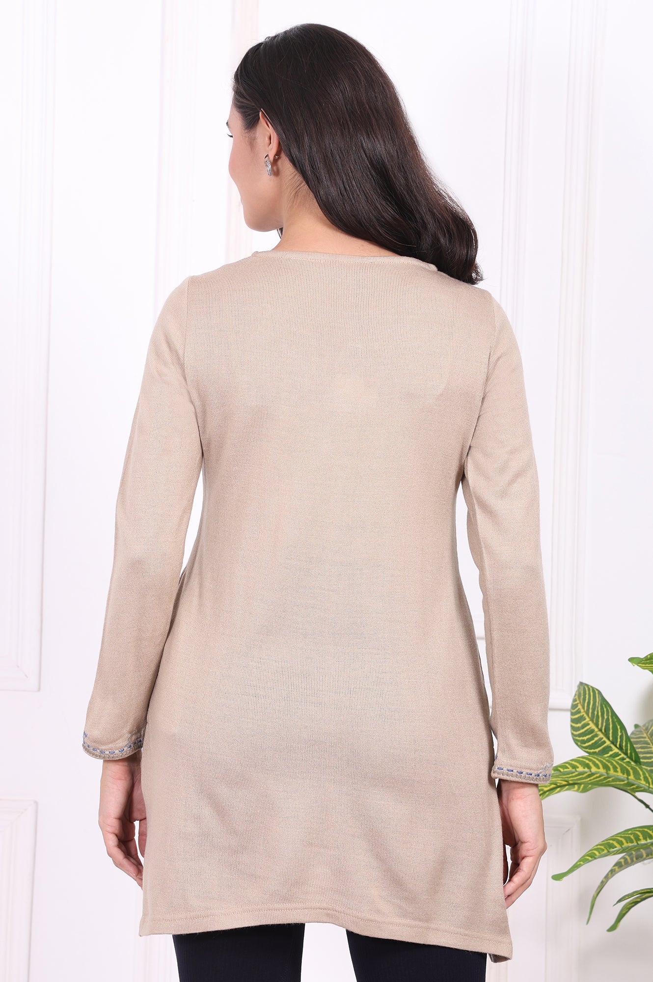 Beige Embroidered Acrylic Straight Tunic