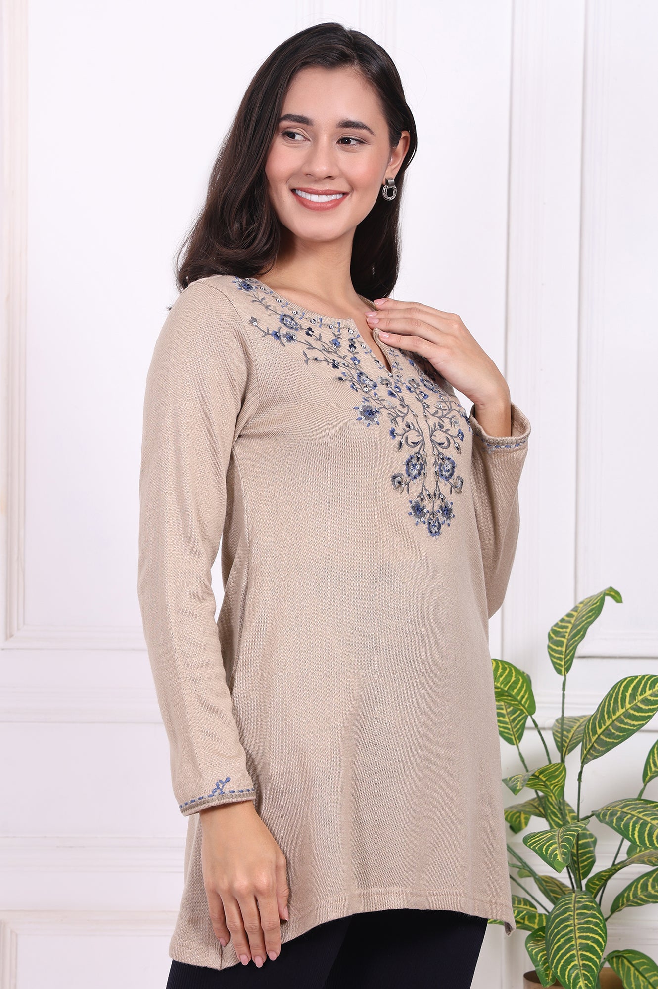 Beige Embroidered Acrylic Straight Tunic