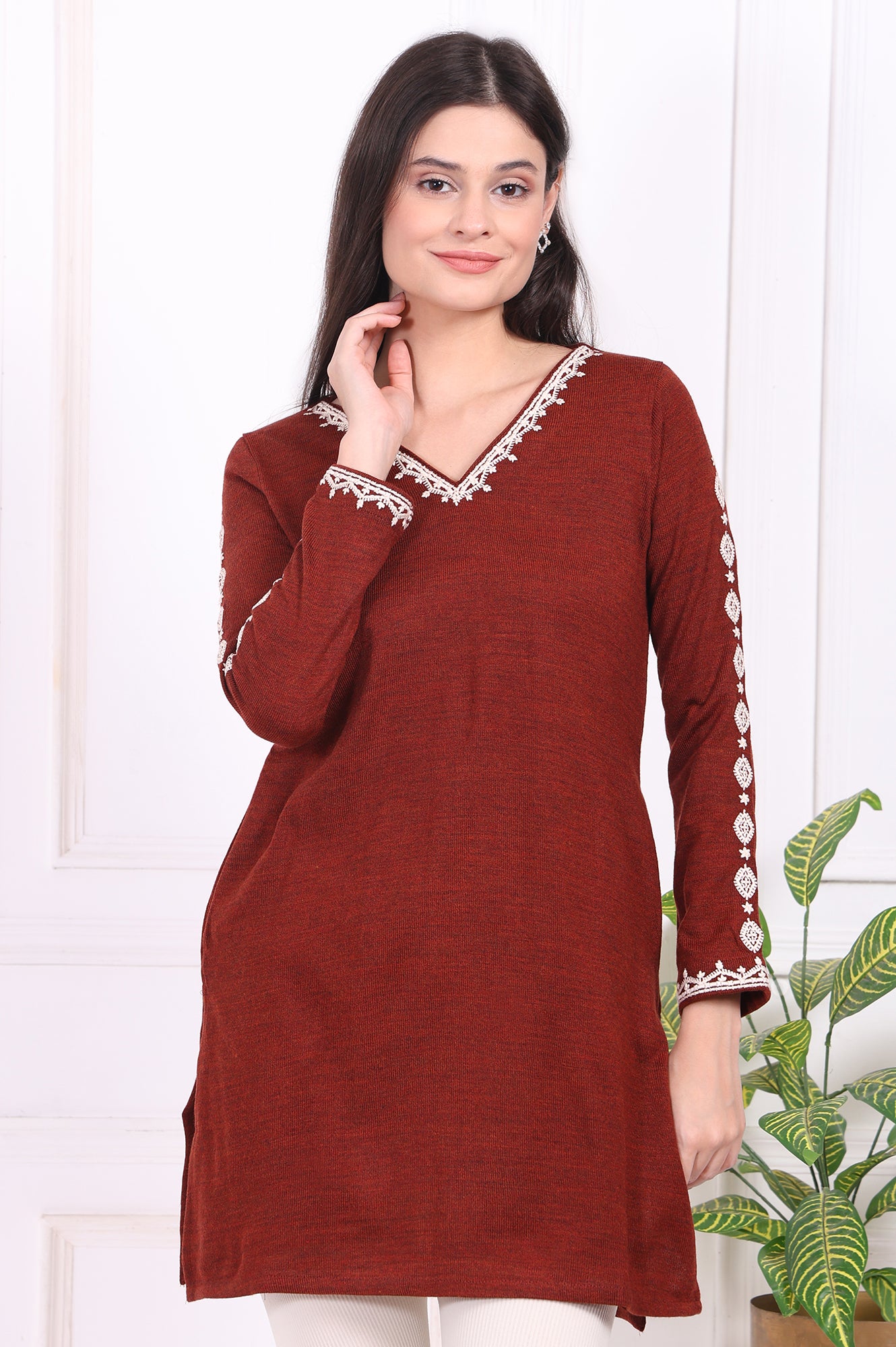 Rust Solid Thread Embroidered Acrylic Straight Tunic