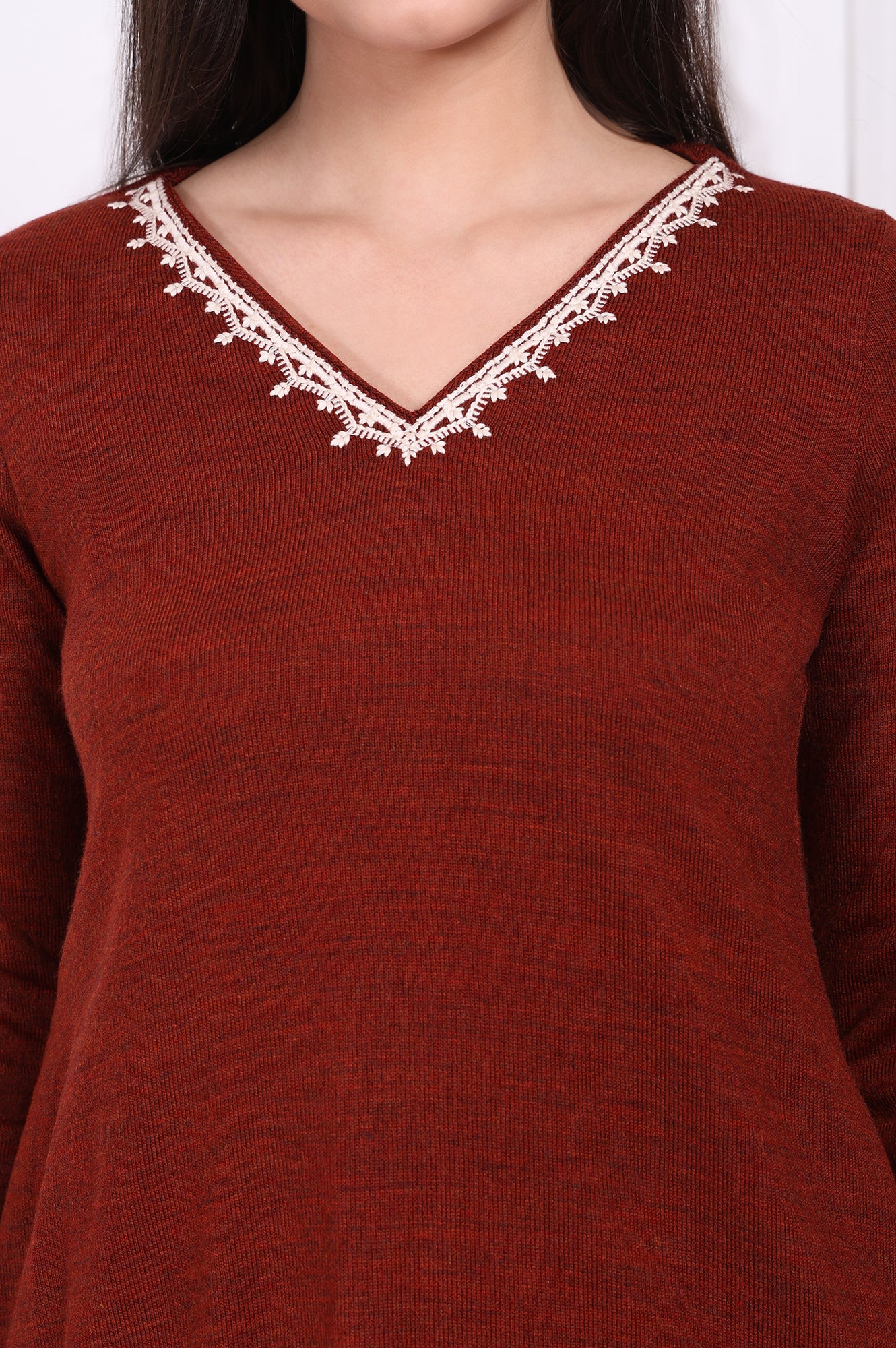 Rust Solid Thread Embroidered Acrylic Straight Tunic