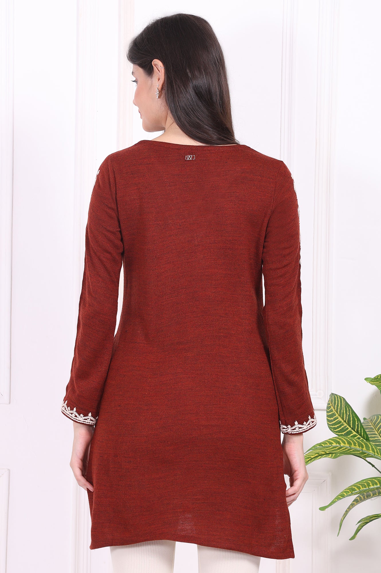 Rust Solid Thread Embroidered Acrylic Straight Tunic