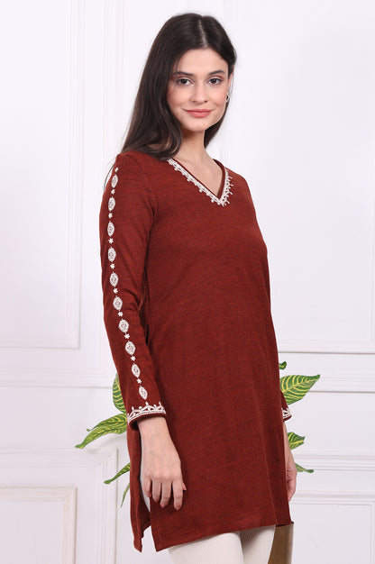 Rust Solid Thread Embroidered Acrylic Straight Tunic