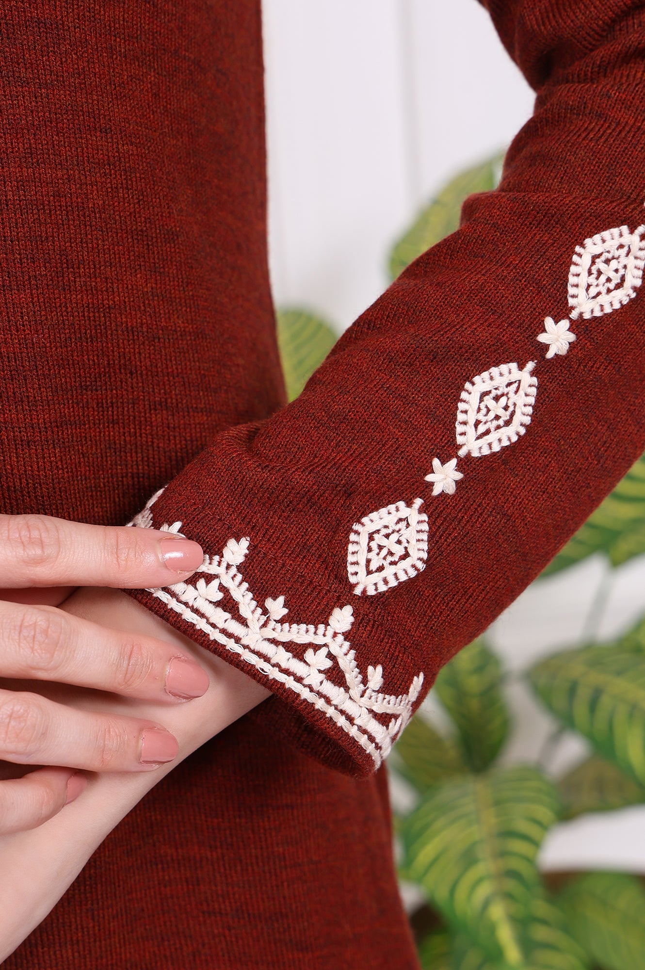 Rust Solid Thread Embroidered Acrylic Straight Tunic