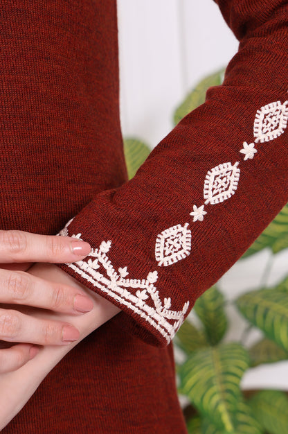 Rust Solid Thread Embroidered Acrylic Straight Tunic