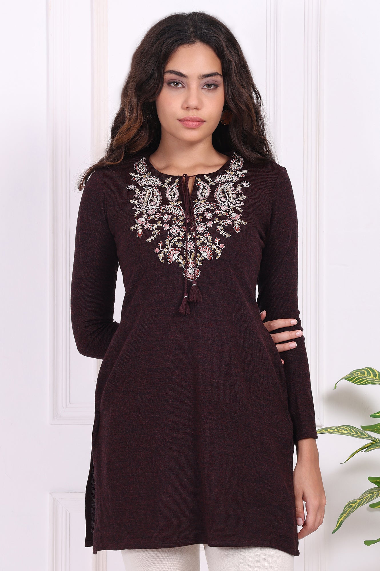 Maroon Embroidered Straight Acrylic Tunic