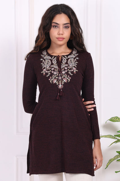 Maroon Embroidered Straight Acrylic Tunic