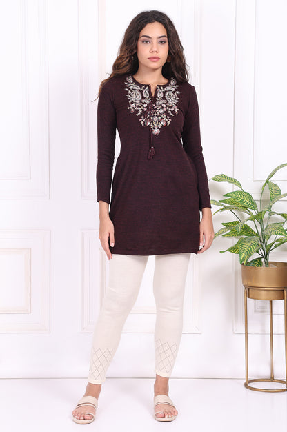 Maroon Embroidered Straight Acrylic Tunic