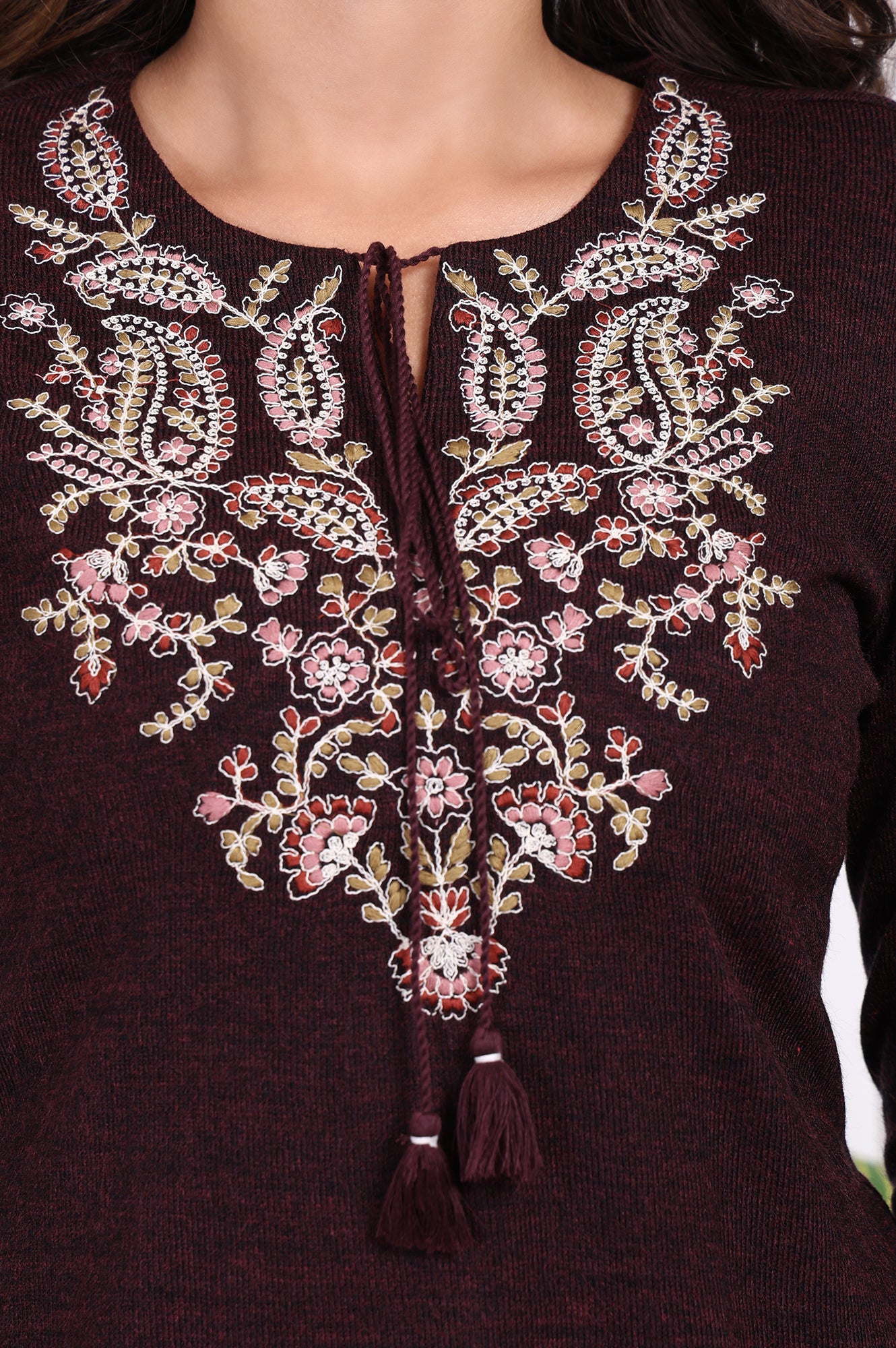 Maroon Embroidered Straight Acrylic Tunic