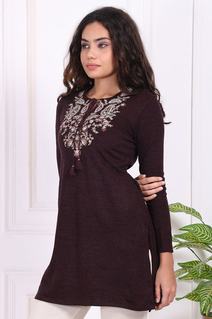 Maroon Embroidered Straight Acrylic Tunic