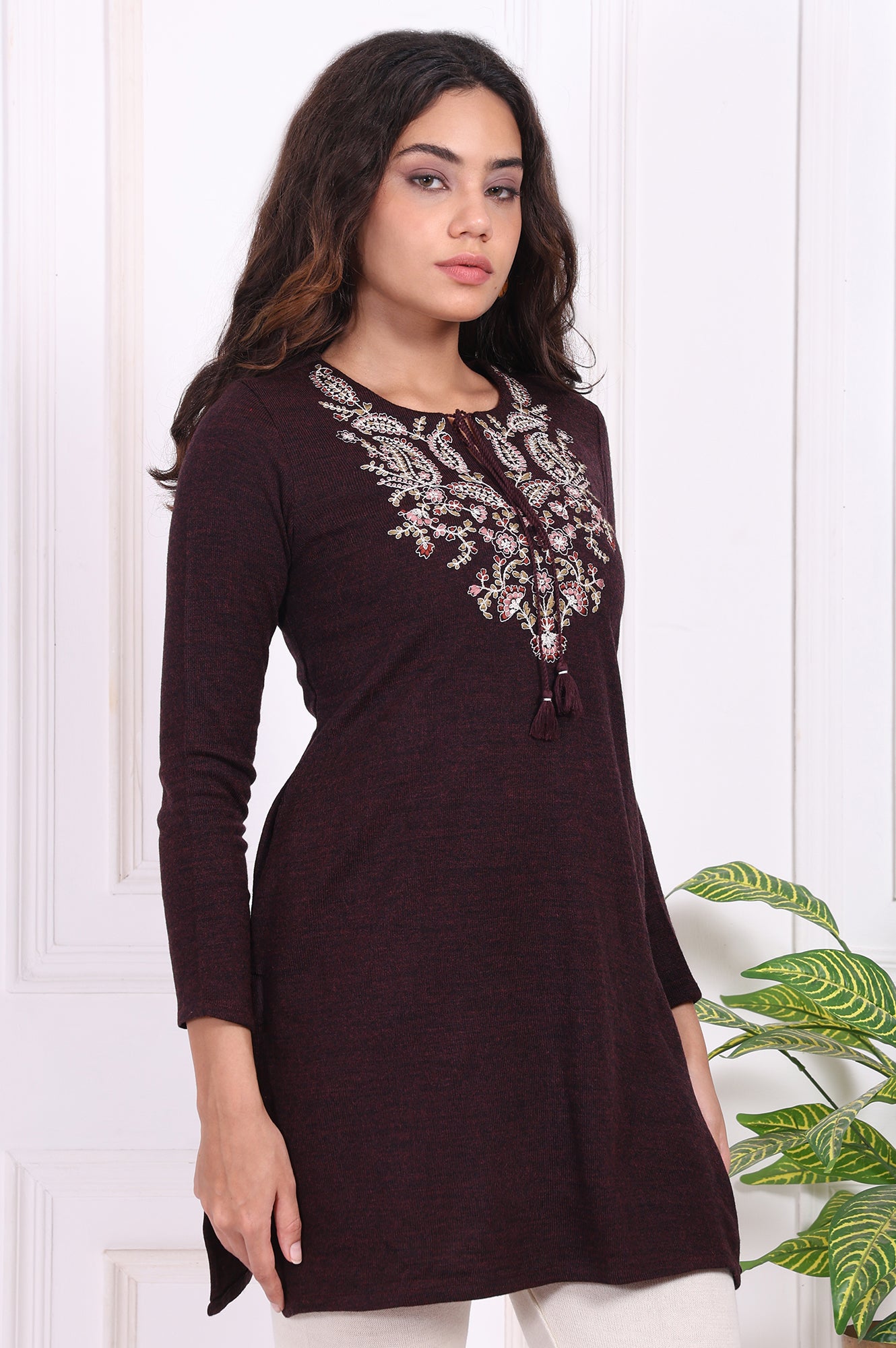 Maroon Embroidered Straight Acrylic Tunic