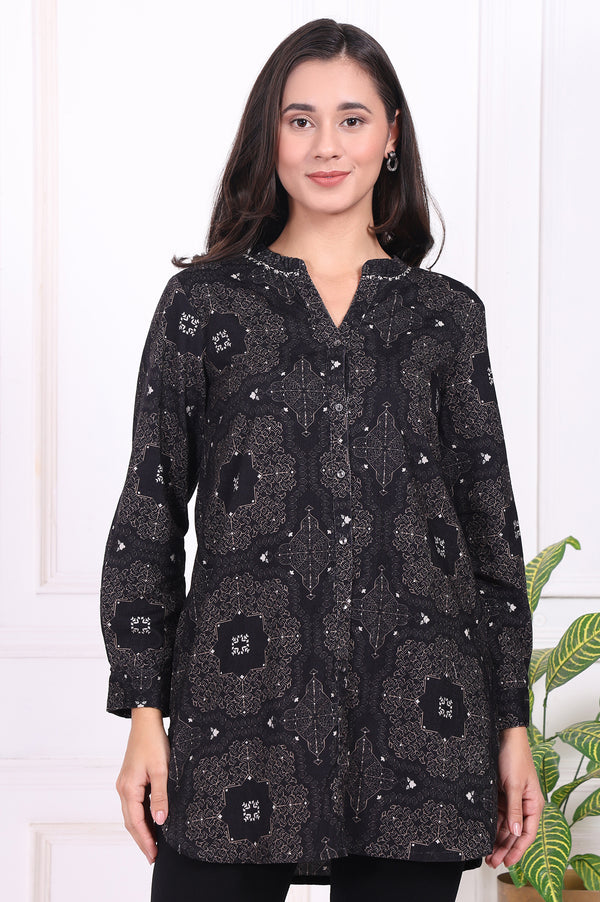 Black Geometric Printed Pure Cotton Straight Shirt