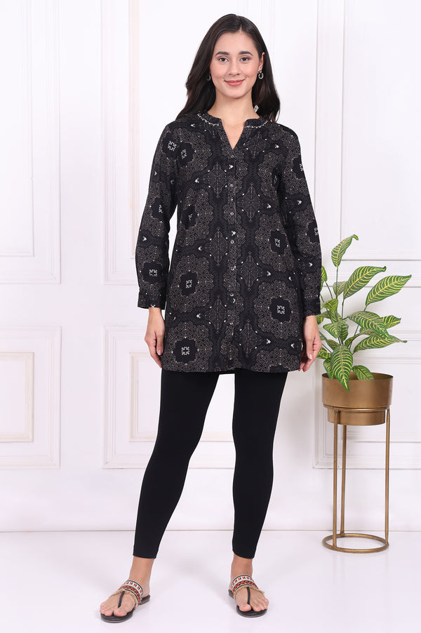 Black Geometric Printed Pure Cotton Straight Shirt