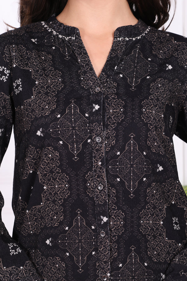Black Geometric Printed Pure Cotton Straight Shirt