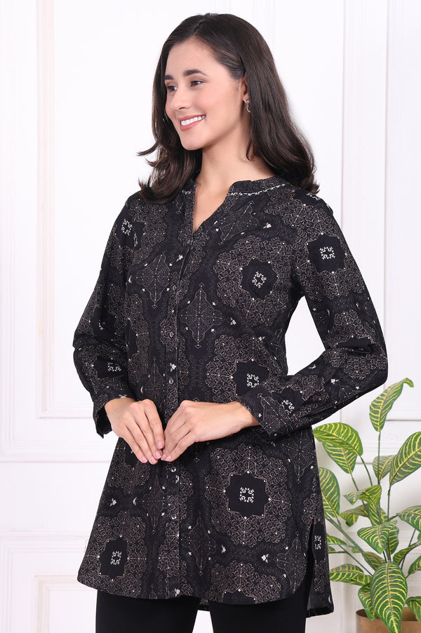 Black Geometric Printed Pure Cotton Straight Shirt